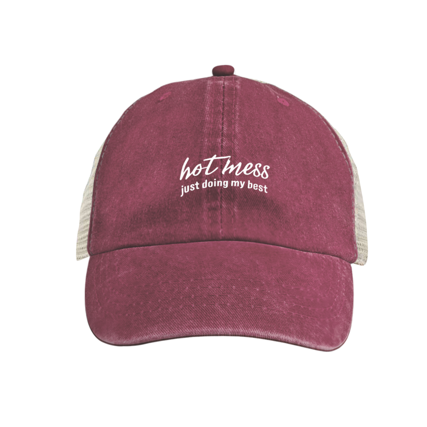 Hot Mess Just Doing My Best Funny Script Blue Mesh Trucker Hat ¨C Relatable Daily Life Cap