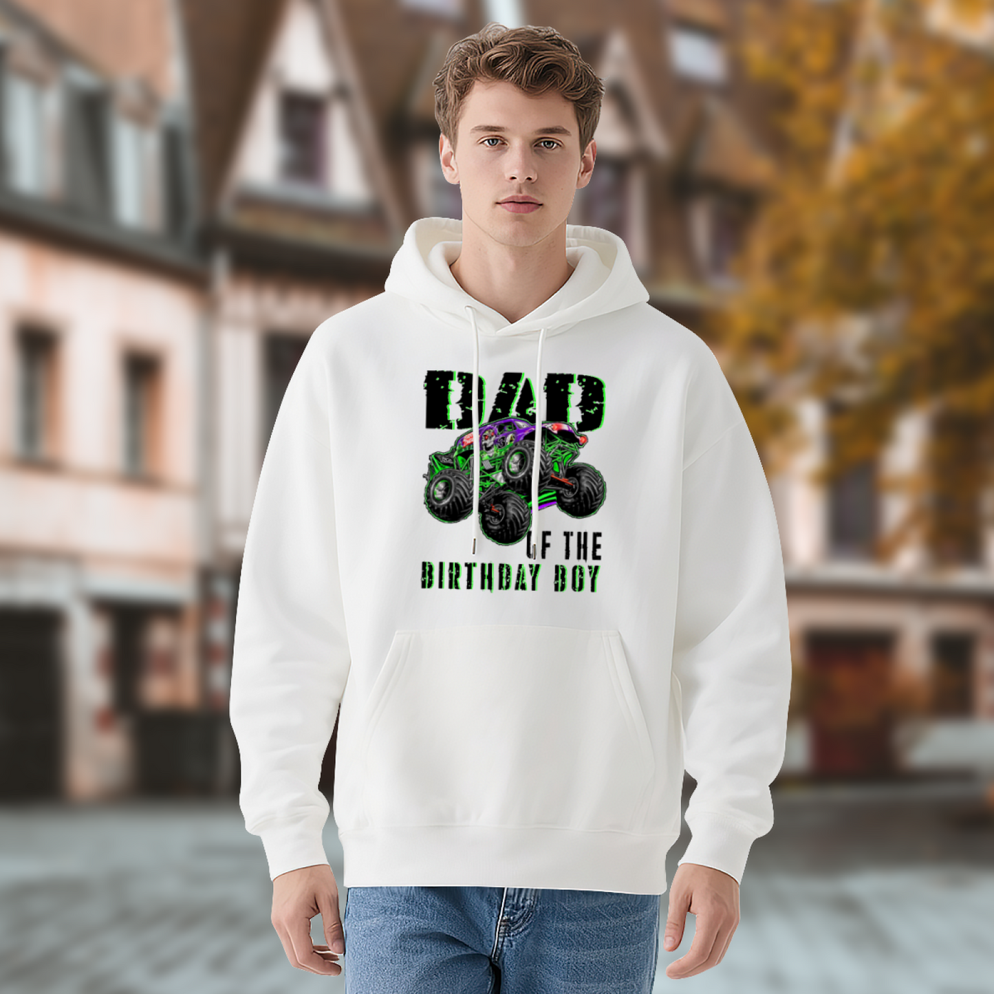 Dad Of The Birthday Boy Monster Truck White Hoodie, Men¡¯s Comfort Birthday Outfit