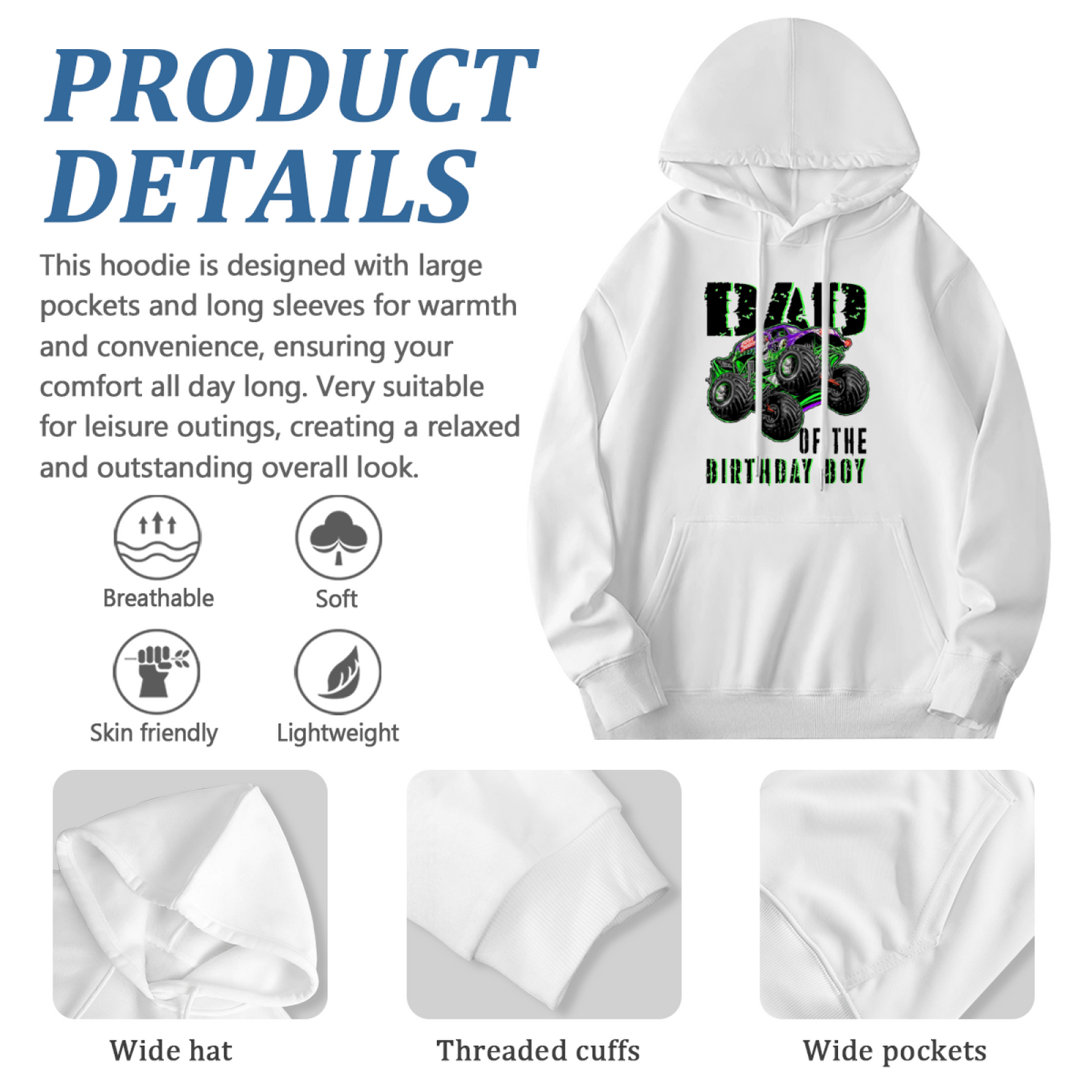 Dad Of The Birthday Boy Monster Truck White Hoodie, Men¡¯s Comfort Birthday Outfit