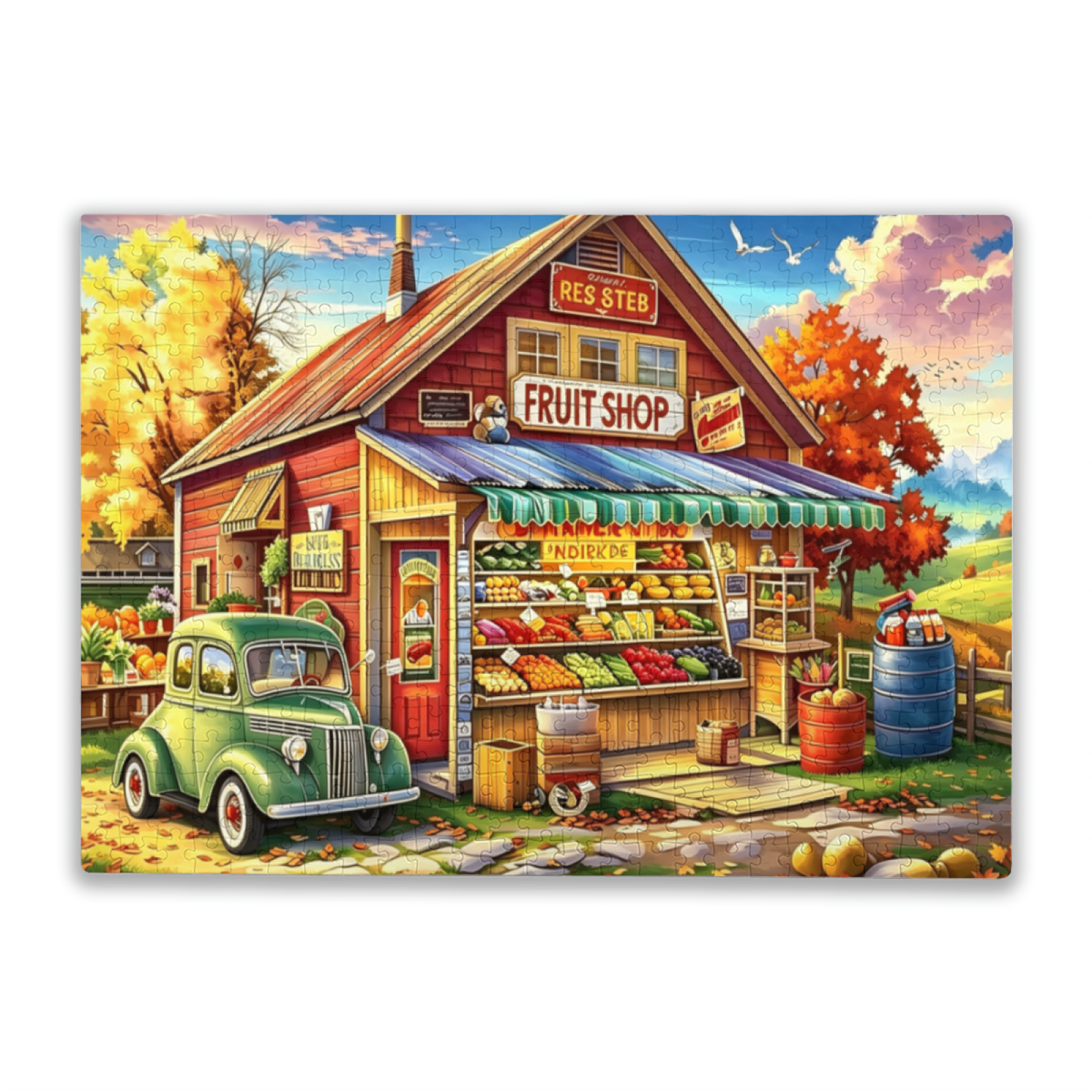 Autumn Country Vintage Fruit Shop & Retro Green Pickup Jigsaw Puzzle | Fall Harvest Small Town Puzzle 300/500/1000 Pieces