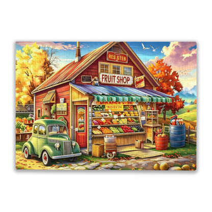 Autumn Country Vintage Fruit Shop & Retro Green Pickup Jigsaw Puzzle | Fall Harvest Small Town Puzzle 300/500/1000 Pieces