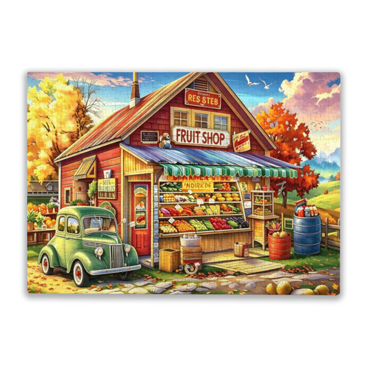 Autumn Country Vintage Fruit Shop & Retro Green Pickup Jigsaw Puzzle | Fall Harvest Small Town Puzzle 300/500/1000 Pieces