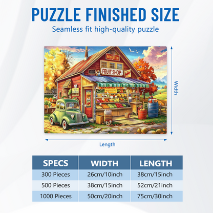 Autumn Country Vintage Fruit Shop & Retro Green Pickup Jigsaw Puzzle | Fall Harvest Small Town Puzzle 300/500/1000 Pieces