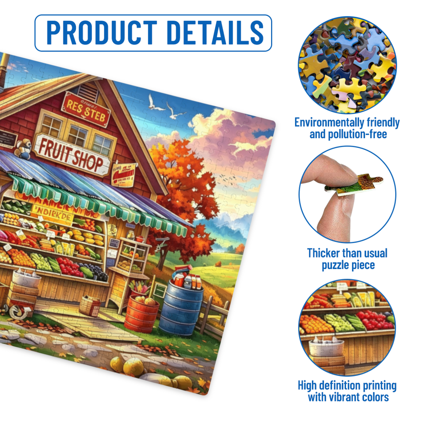 Autumn Country Vintage Fruit Shop & Retro Green Pickup Jigsaw Puzzle | Fall Harvest Small Town Puzzle 300/500/1000 Pieces