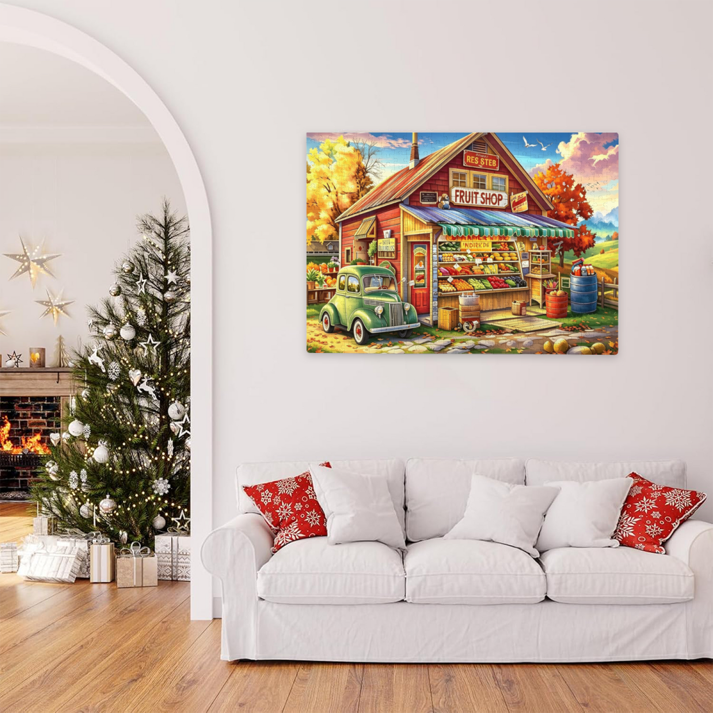 Autumn Country Vintage Fruit Shop & Retro Green Pickup Jigsaw Puzzle | Fall Harvest Small Town Puzzle 300/500/1000 Pieces