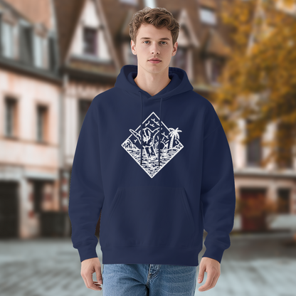 Ocean Whale Palm Tree Line Art Navy Hoodie, Unisex Relaxed Comfort Beach Outfit