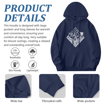Ocean Whale Palm Tree Line Art Navy Hoodie, Unisex Relaxed Comfort Beach Outfit