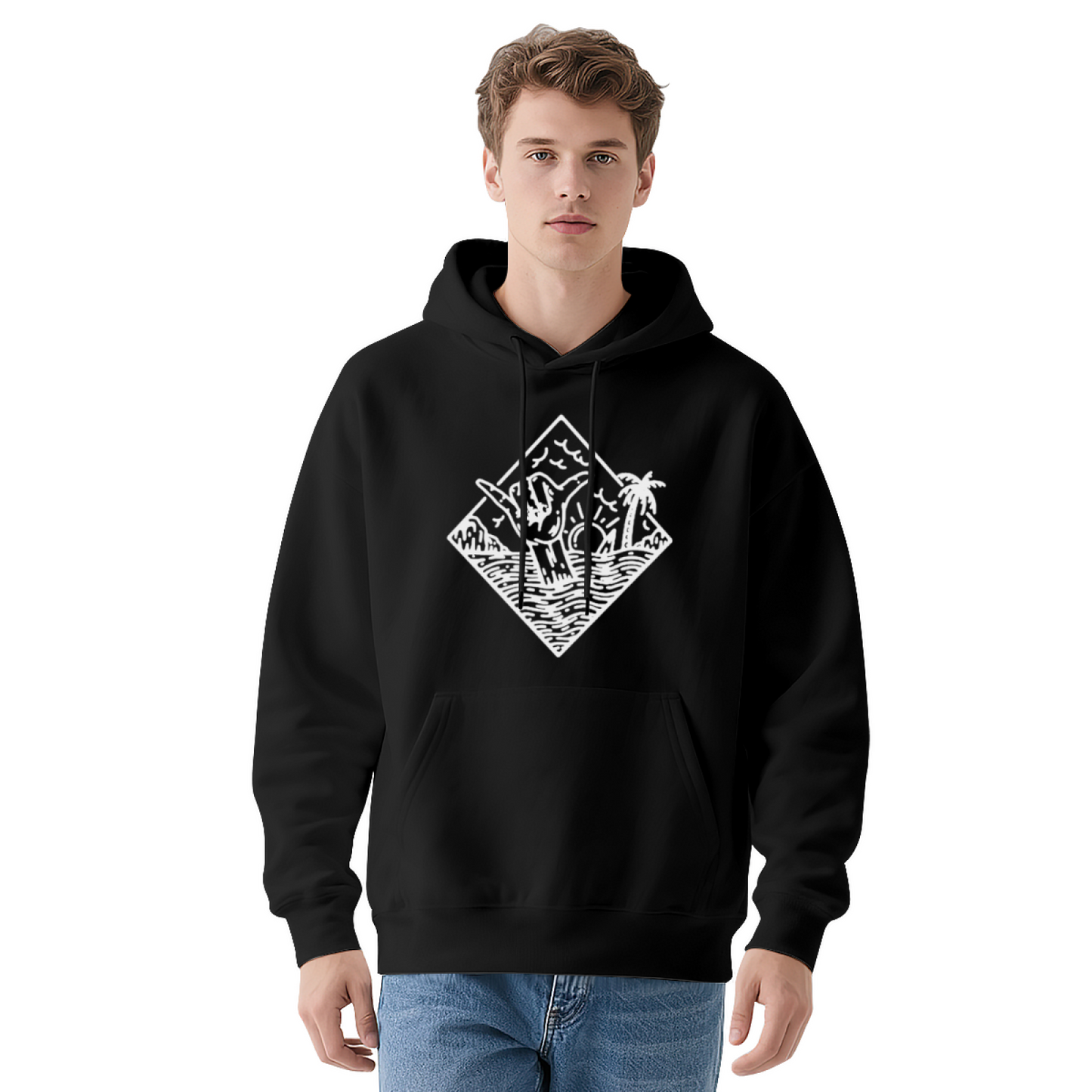 Ocean Whale Palm Tree Line Art Navy Hoodie, Unisex Relaxed Comfort Beach Outfit
