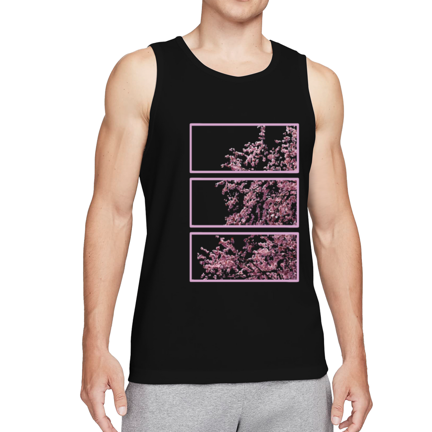 Aesthetic Pink Cherry Blossom Three Panel Art Mens Tank Top