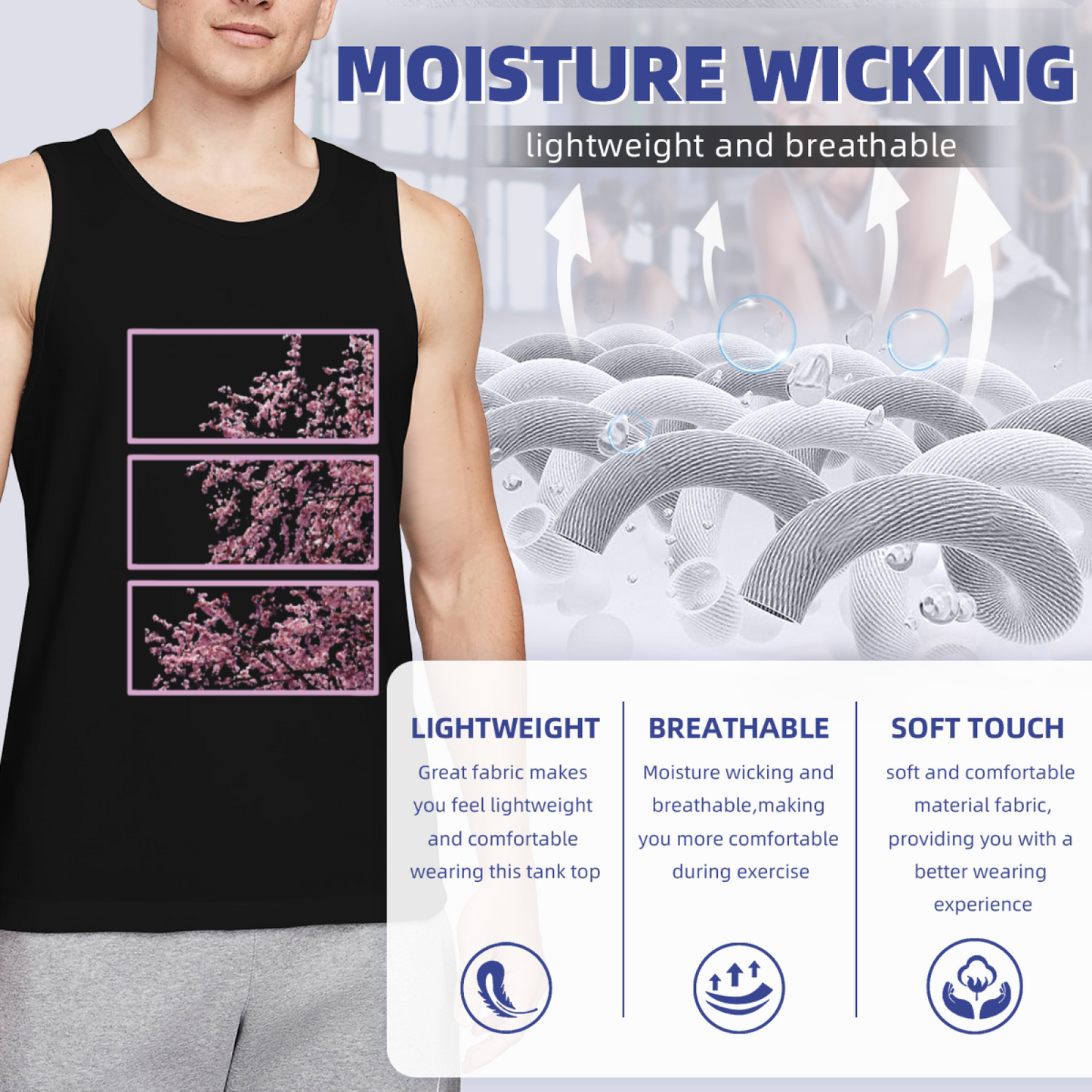 Aesthetic Pink Cherry Blossom Three Panel Art Mens Tank Top