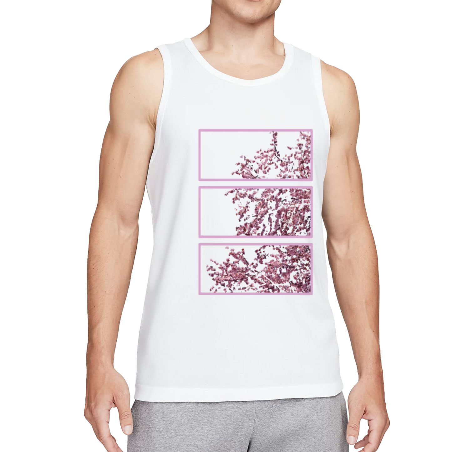 Aesthetic Pink Cherry Blossom Three Panel Art Mens Tank Top