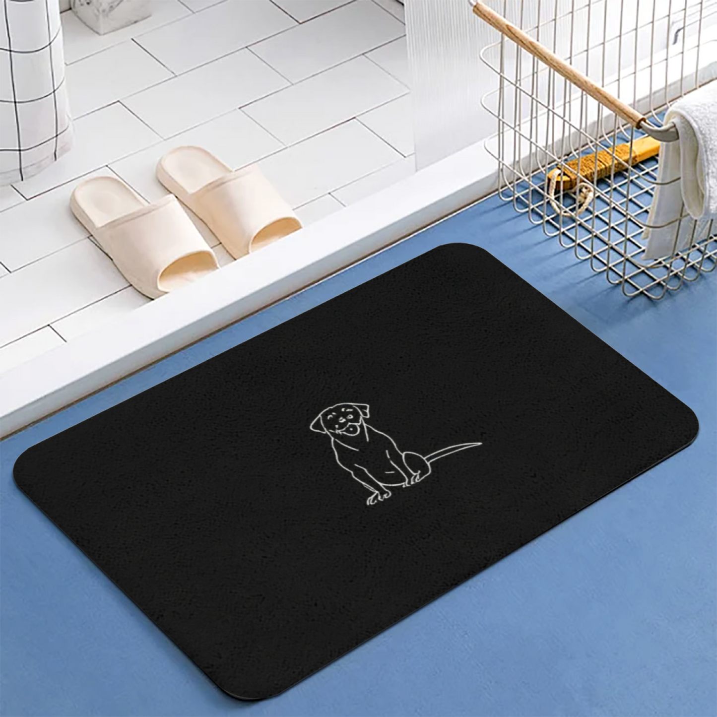 Single Line Labrador Sketch Black Diatom Mat | Simple Dog Silicone Bathroom Doormat