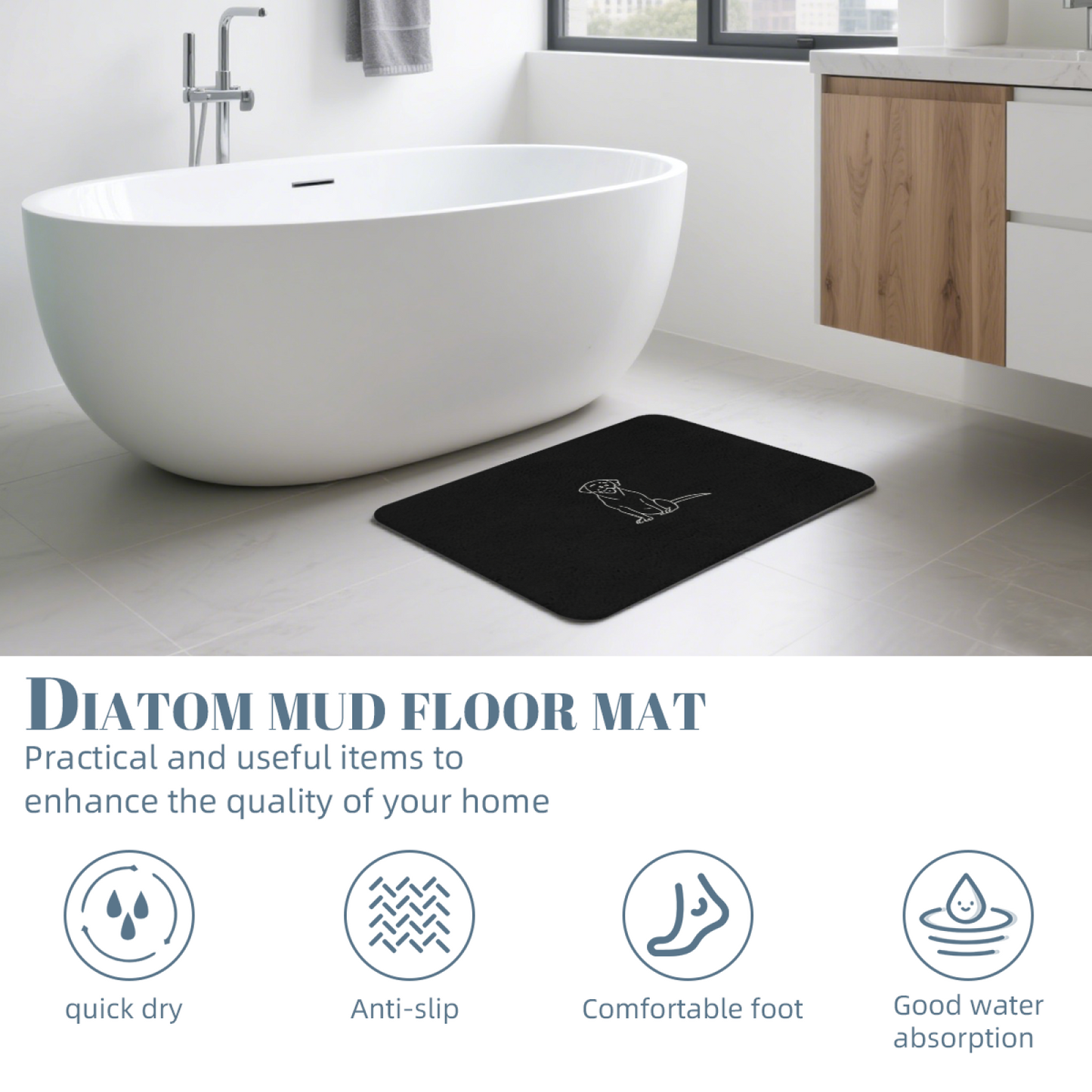 Single Line Labrador Sketch Black Diatom Mat | Simple Dog Silicone Bathroom Doormat