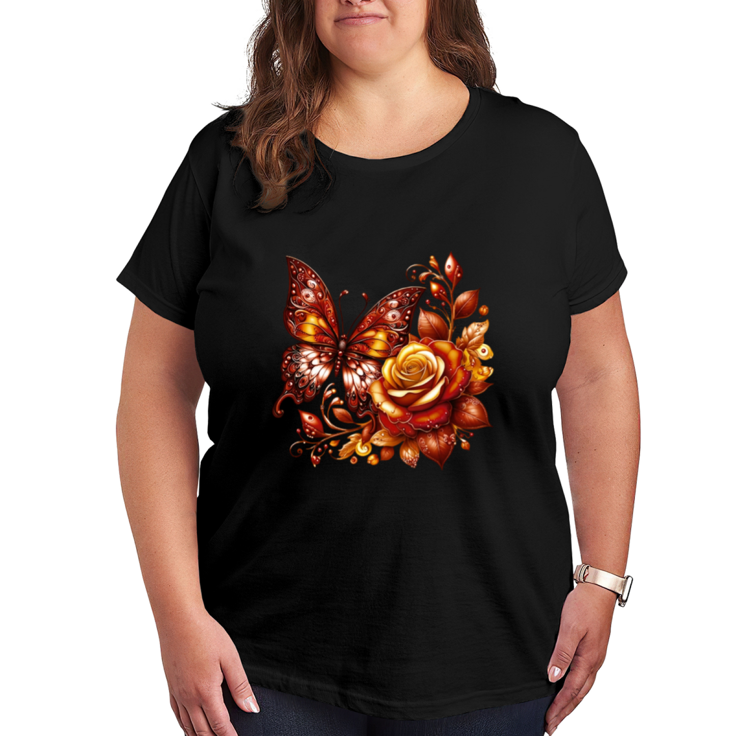 Warm Autumn Golden Rose Butterfly Vintage Art Plus Size Women's Printed T-Shirt