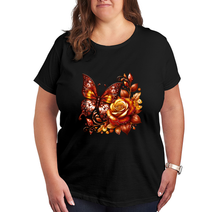 Warm Autumn Golden Rose Butterfly Vintage Art Plus Size Women's Printed T-Shirt