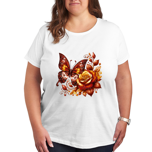Warm Autumn Golden Rose Butterfly Vintage Art Plus Size Women's Printed T-Shirt