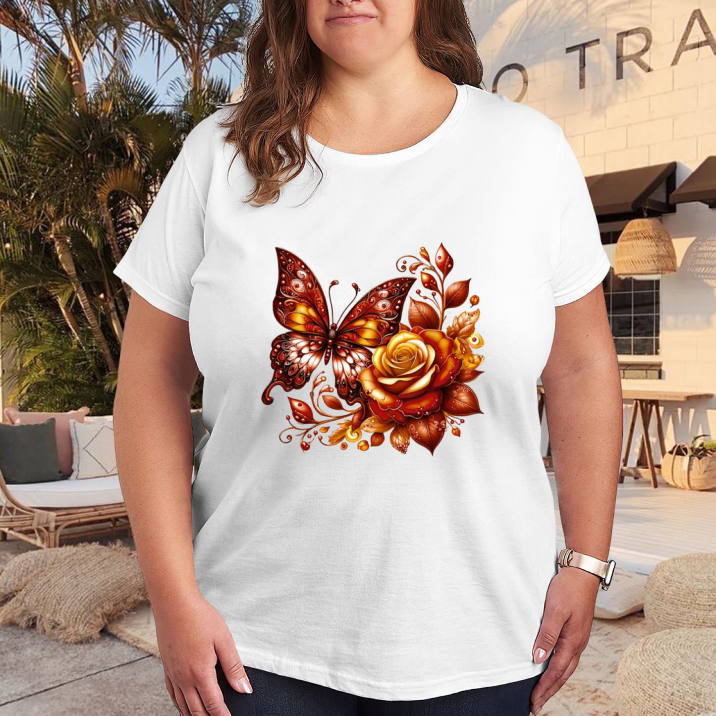 Warm Autumn Golden Rose Butterfly Vintage Art Plus Size Women's Printed T-Shirt