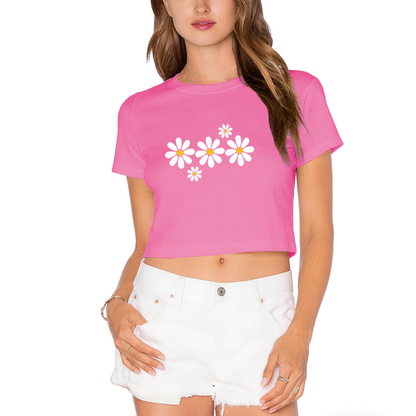 Soft White Daisy Floral Hot Pink Crop Top ¨C Cottagecore Spring Girly Short T-Shirt