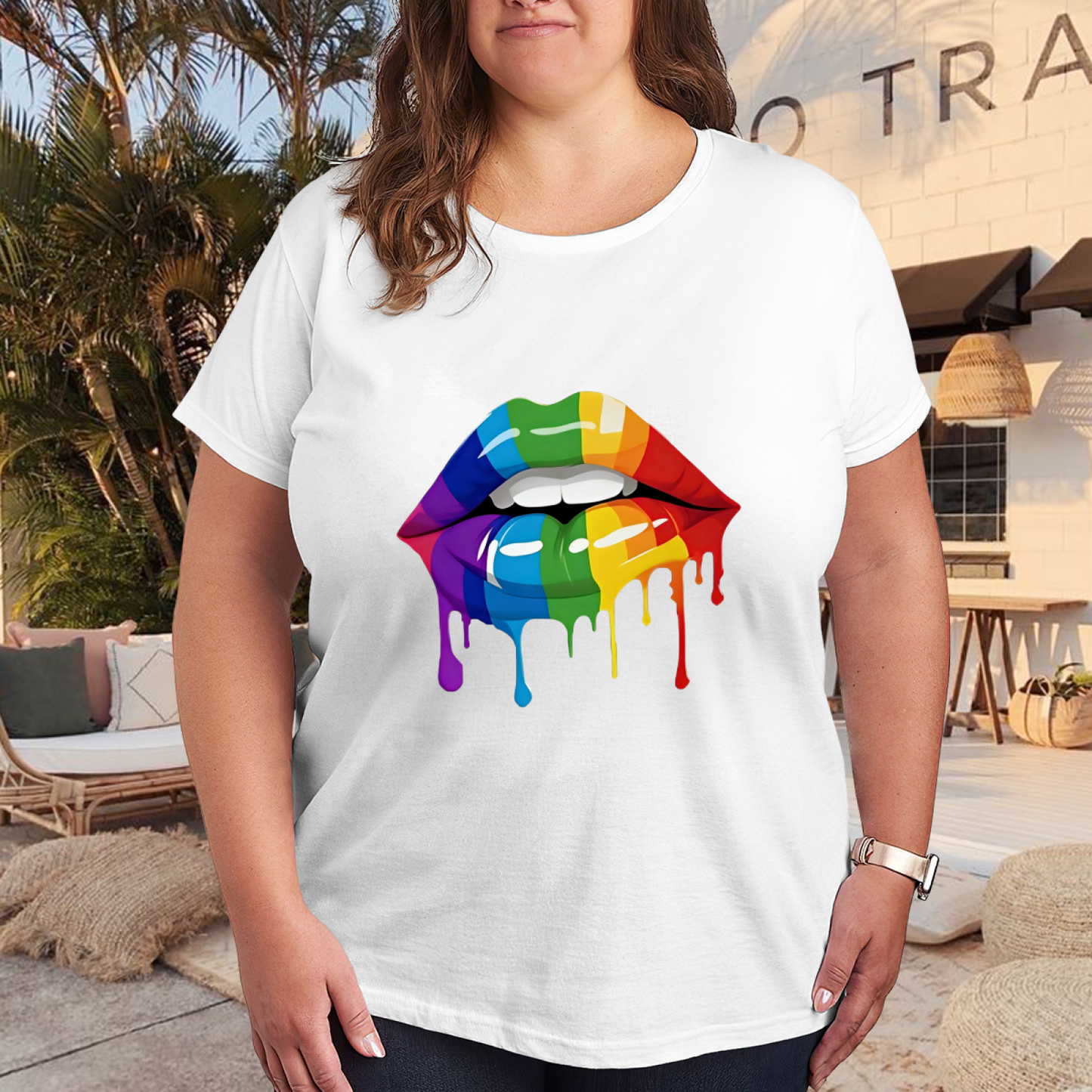 Vibrant Rainbow Dripping Lips Pride Art Plus Size Women Graphic Tee