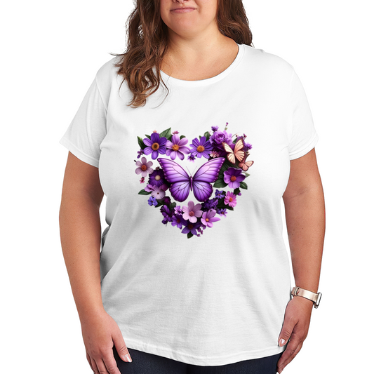 Purple Floral Heart Butterfly Romantic Plus Size Ladies Tee