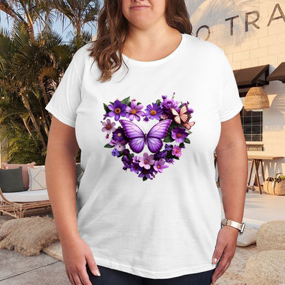Purple Floral Heart Butterfly Romantic Plus Size Ladies Tee