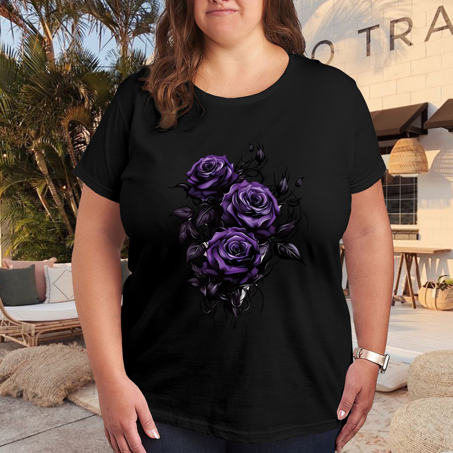 Gothic Dark Purple Thorn Roses Plus Size Women Printed T-Shirt