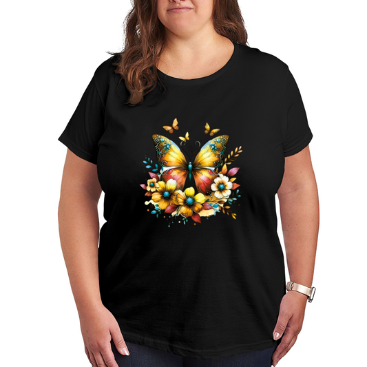 Warm Golden Yellow Floral Butterfly Sunlit Plus Size Women¡¯s Printed T-Shirt