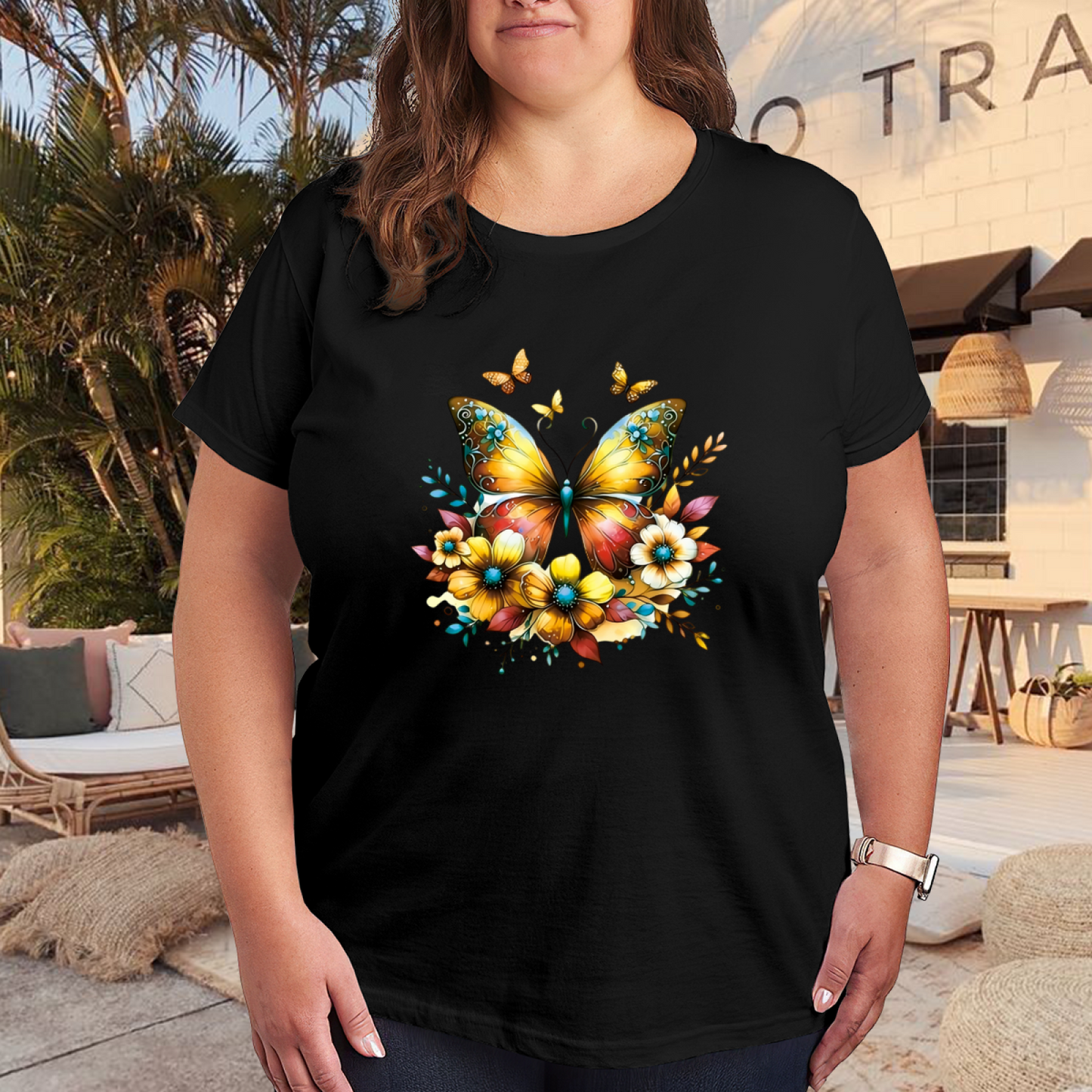 Warm Golden Yellow Floral Butterfly Sunlit Plus Size Women¡¯s Printed T-Shirt