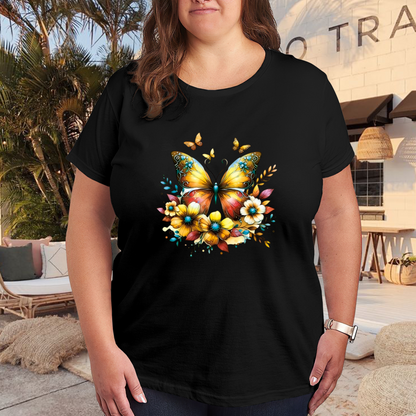 Warm Golden Yellow Floral Butterfly Sunlit Plus Size Women¡¯s Printed T-Shirt