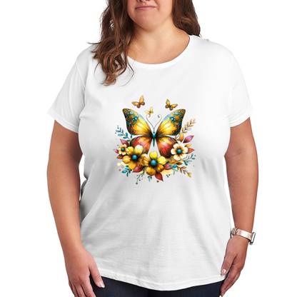 Warm Golden Yellow Floral Butterfly Sunlit Plus Size Women¡¯s Printed T-Shirt