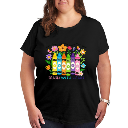 Teach With Heart Color Crayons Floral Teacher Gift Plus Size White T-Shirt