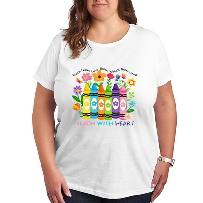 Teach With Heart Color Crayons Floral Teacher Gift Plus Size White T-Shirt