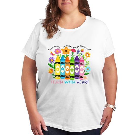 Teach With Heart Color Crayons Floral Teacher Gift Plus Size White T-Shirt