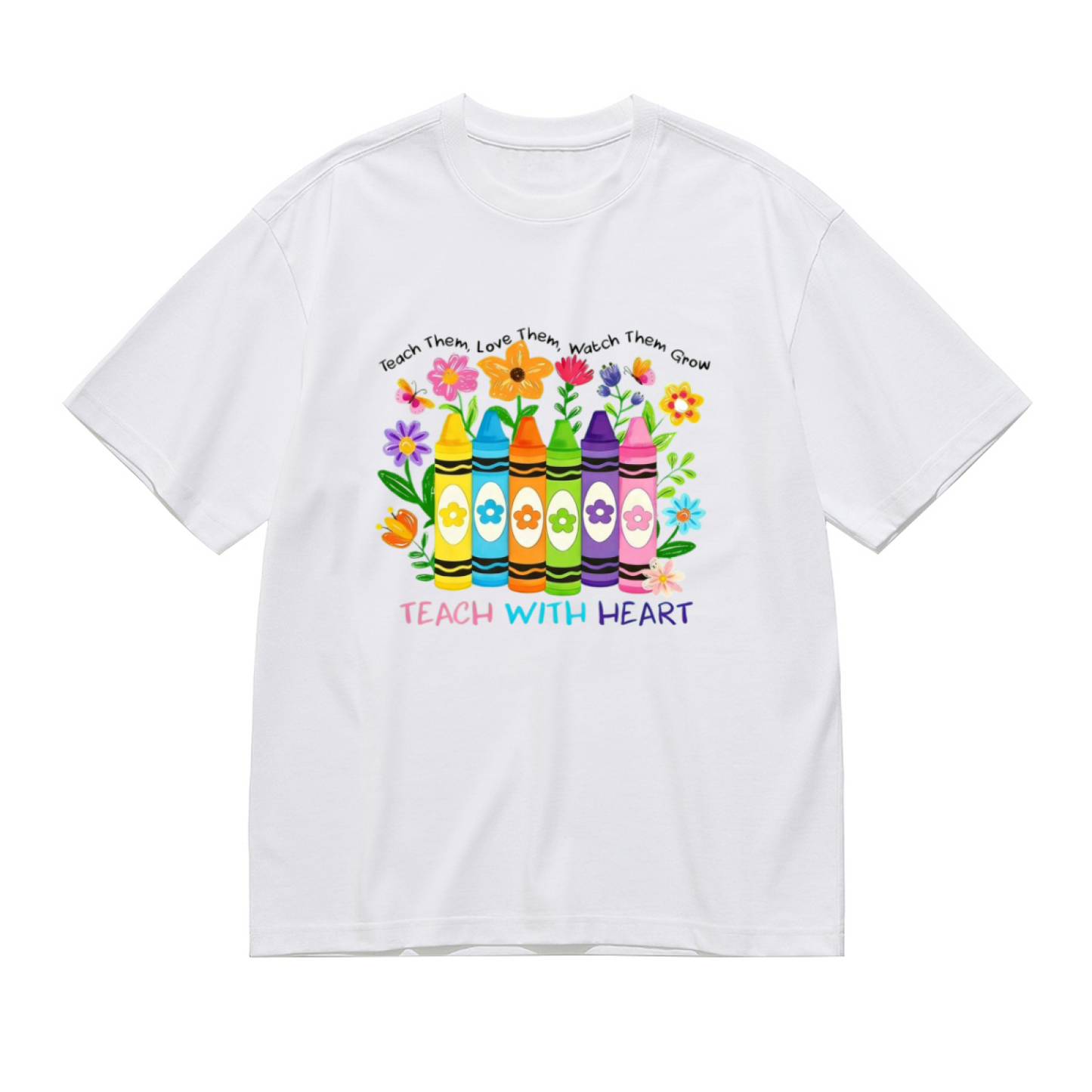 Teach With Heart Color Crayons Floral Teacher Gift Plus Size White T-Shirt