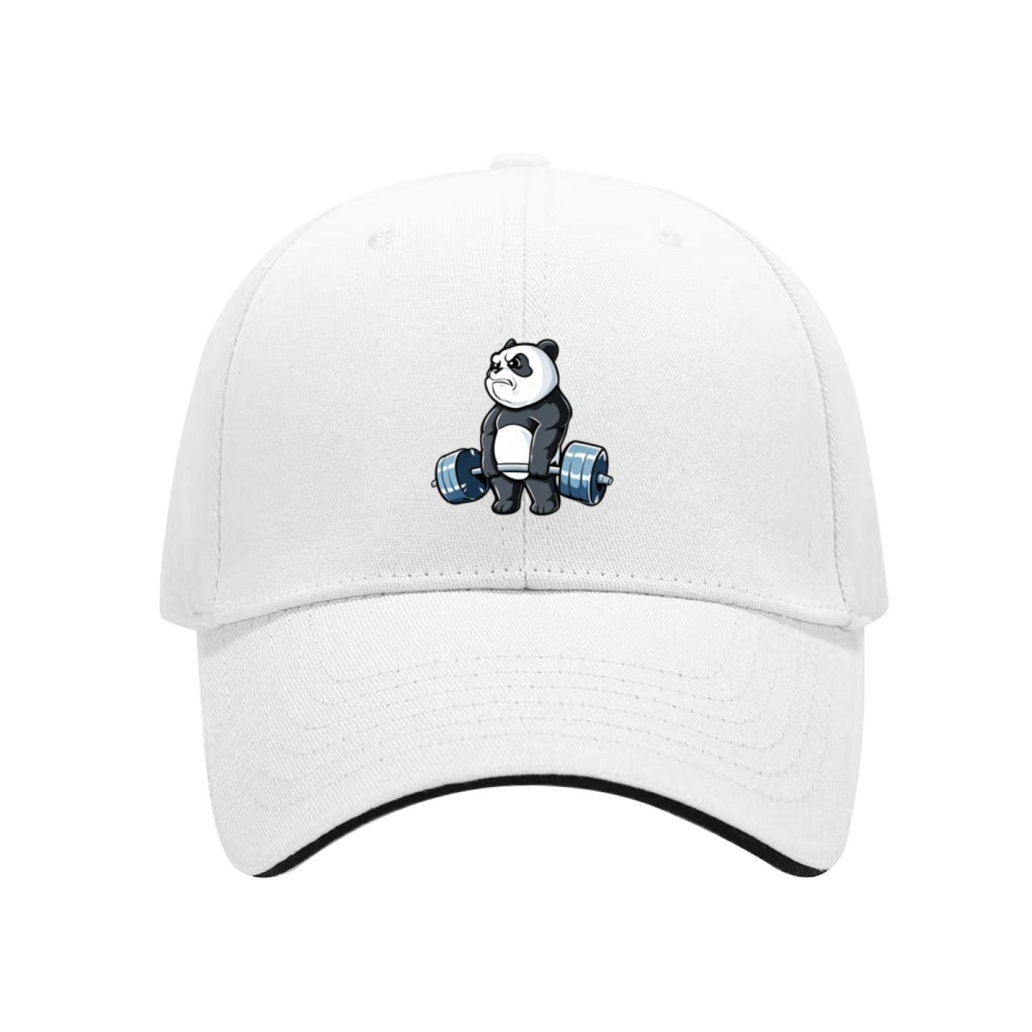Cute Weightlifting Panda Cartoon White Sandwich Visor Baseball Cap, Gym Fitness Fun Hat