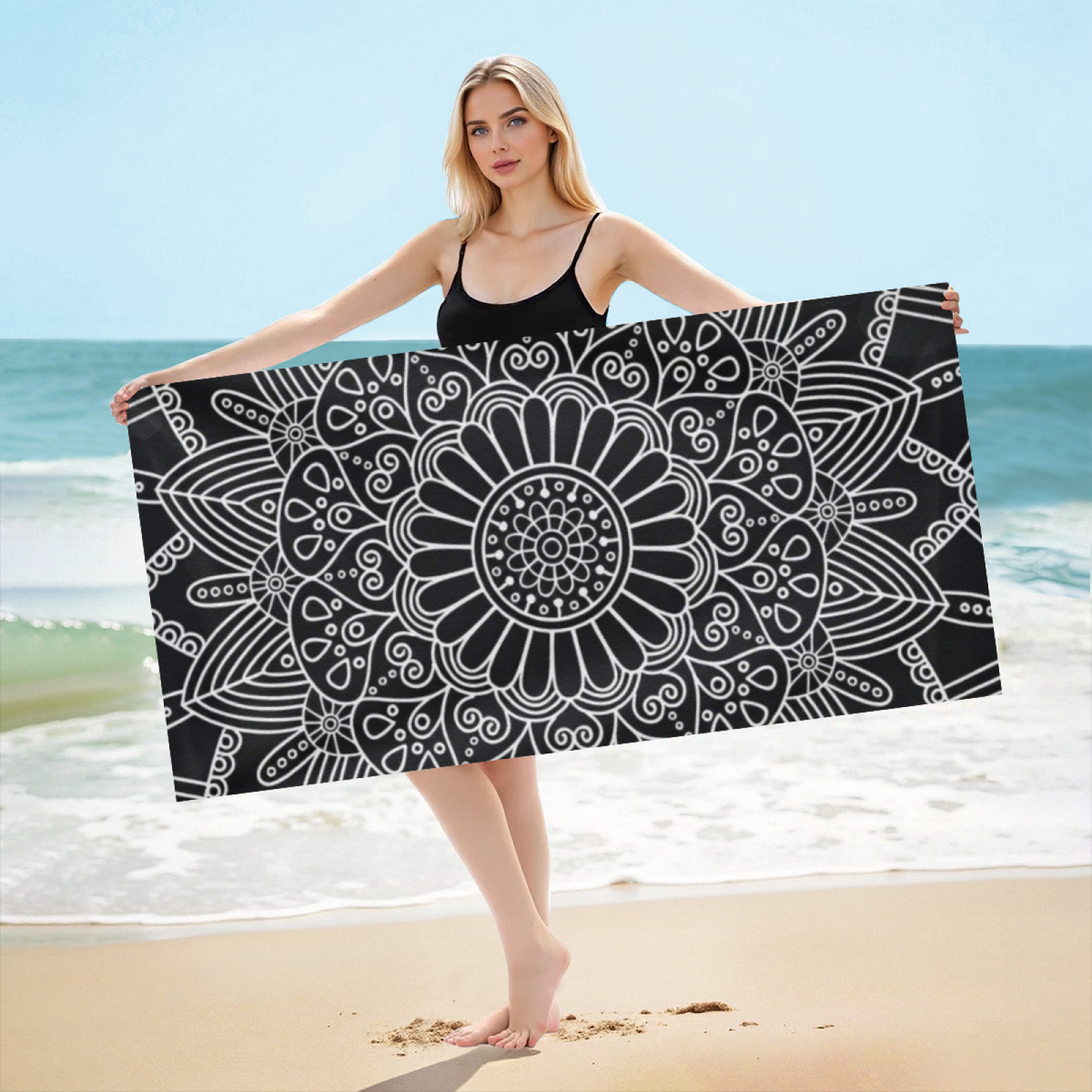 Minimal Black White Line Mandala Beach Towel, Cloud?Like Soft & Instant Water Absorbing, Diverse Size Choices Bring Simple Ultimate Comfort to Seaside Life