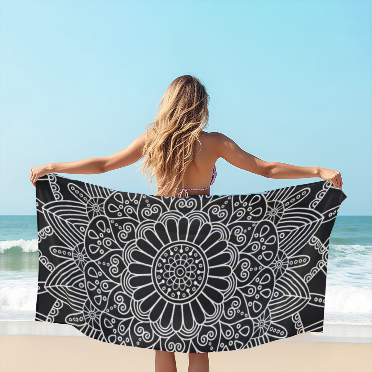 Minimal Black White Line Mandala Beach Towel, Cloud?Like Soft & Instant Water Absorbing, Diverse Size Choices Bring Simple Ultimate Comfort to Seaside Life