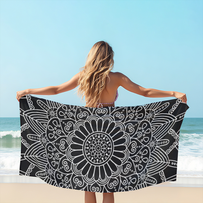 Minimal Black White Line Mandala Beach Towel, Cloud?Like Soft & Instant Water Absorbing, Diverse Size Choices Bring Simple Ultimate Comfort to Seaside Life