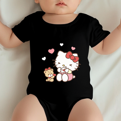 Cute Hello Kitty & Little Bear Heart Black Baby Bodysuit