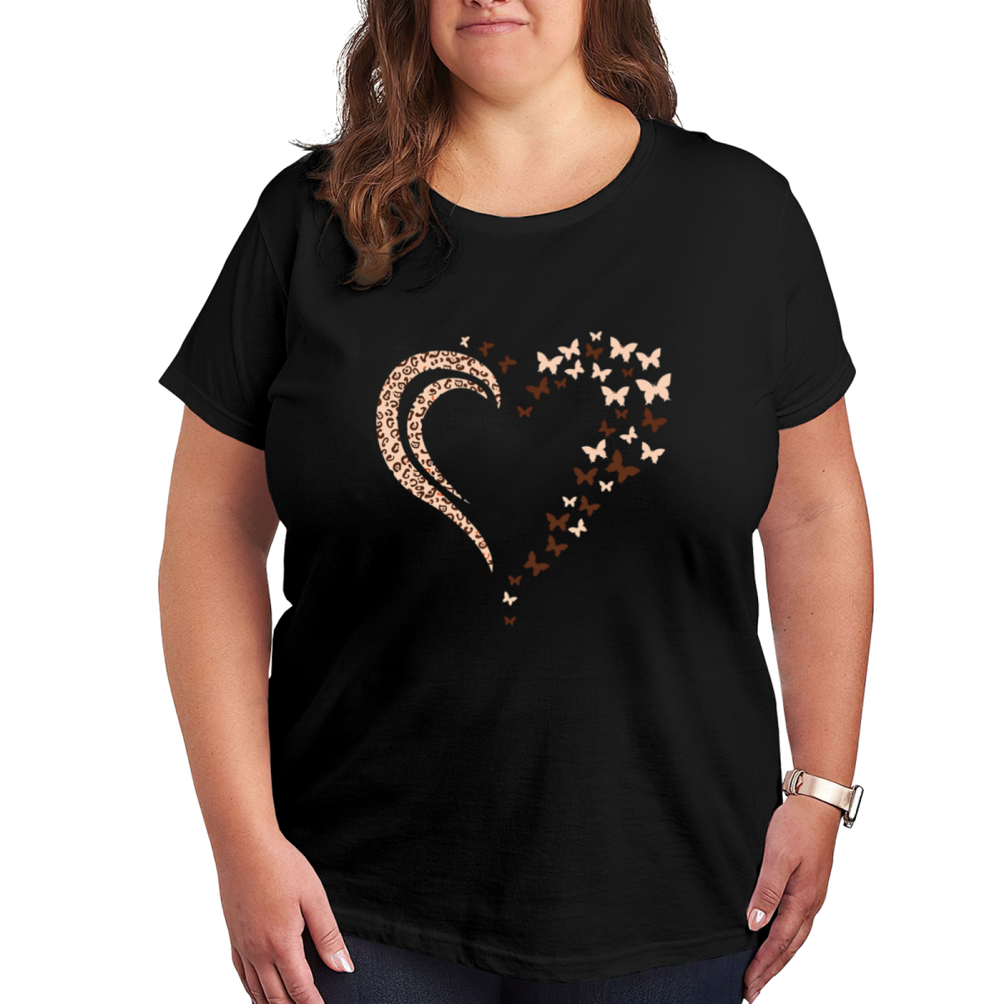 Leopard Print Butterfly Heart Sweet Aesthetic Plus Size Women Printed T-Shirt