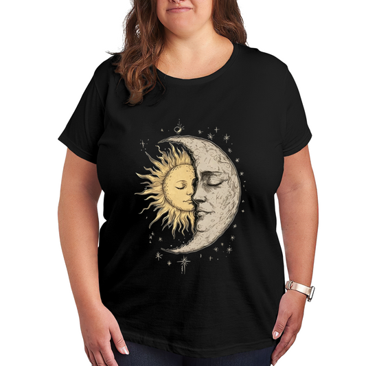 Vintage Washed Sun Moon Face Celestial Star Print Plus Size Black T-Shirt