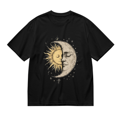 Vintage Washed Sun Moon Face Celestial Star Print Plus Size Black T-Shirt