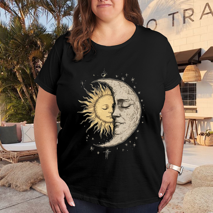 Vintage Washed Sun Moon Face Celestial Star Print Plus Size Black T-Shirt