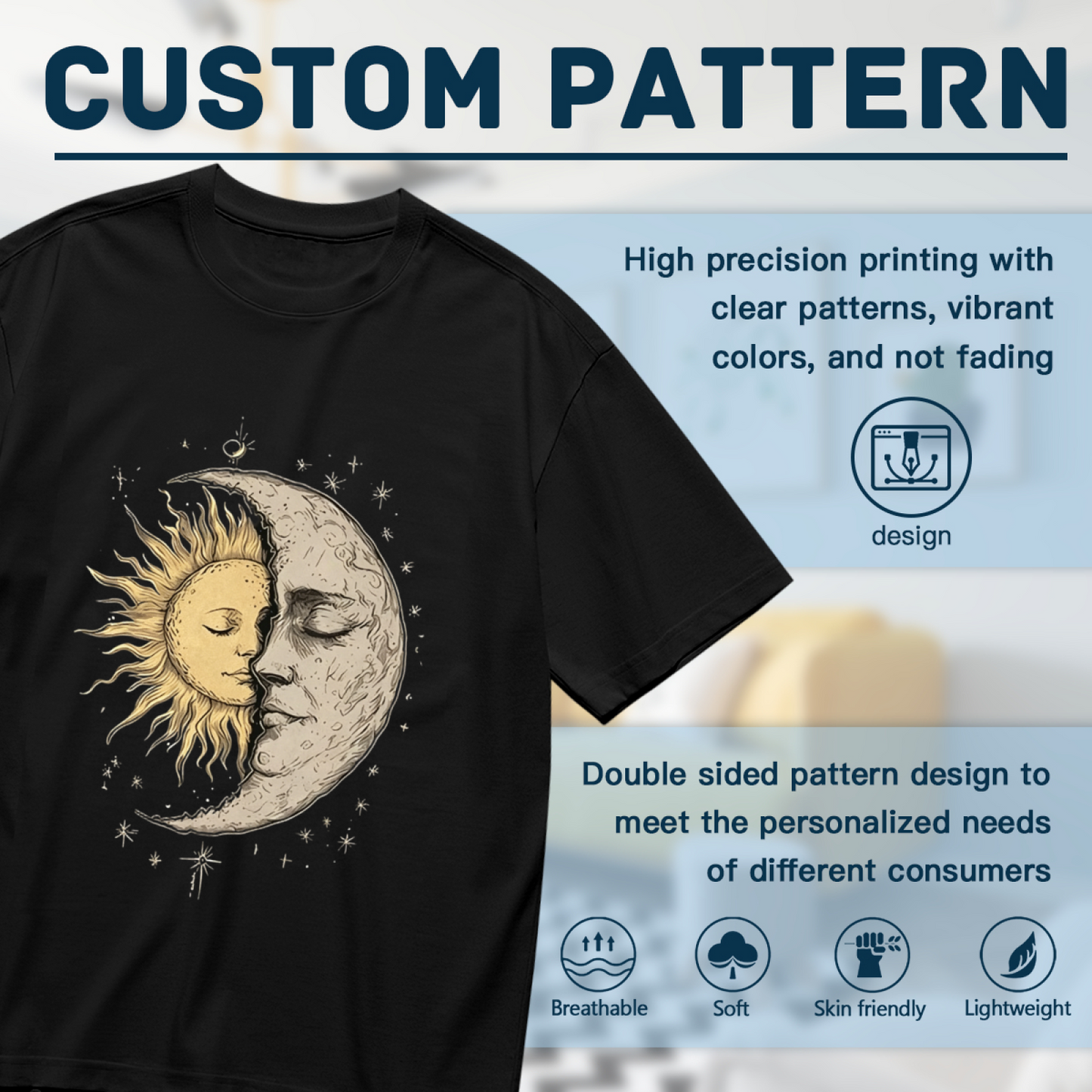 Vintage Washed Sun Moon Face Celestial Star Print Plus Size Black T-Shirt