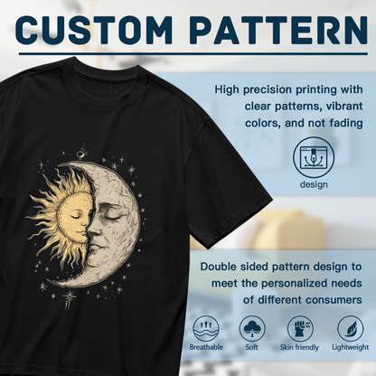 Vintage Washed Sun Moon Face Celestial Star Print Plus Size Black T-Shirt