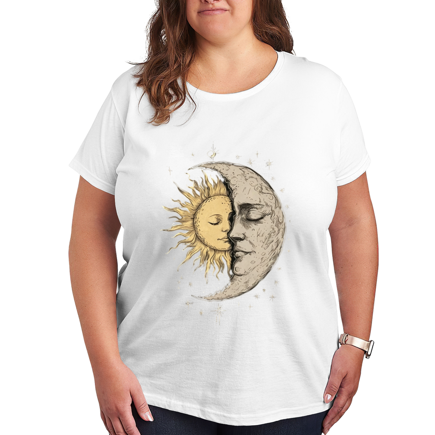 Vintage Washed Sun Moon Face Celestial Star Print Plus Size Black T-Shirt
