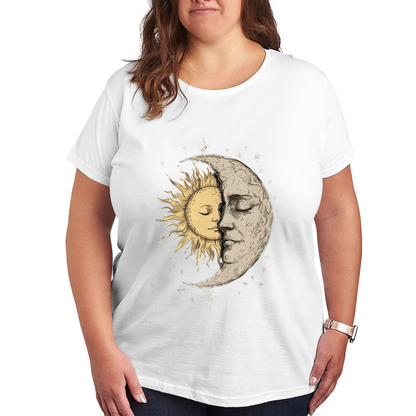 Vintage Washed Sun Moon Face Celestial Star Print Plus Size Black T-Shirt
