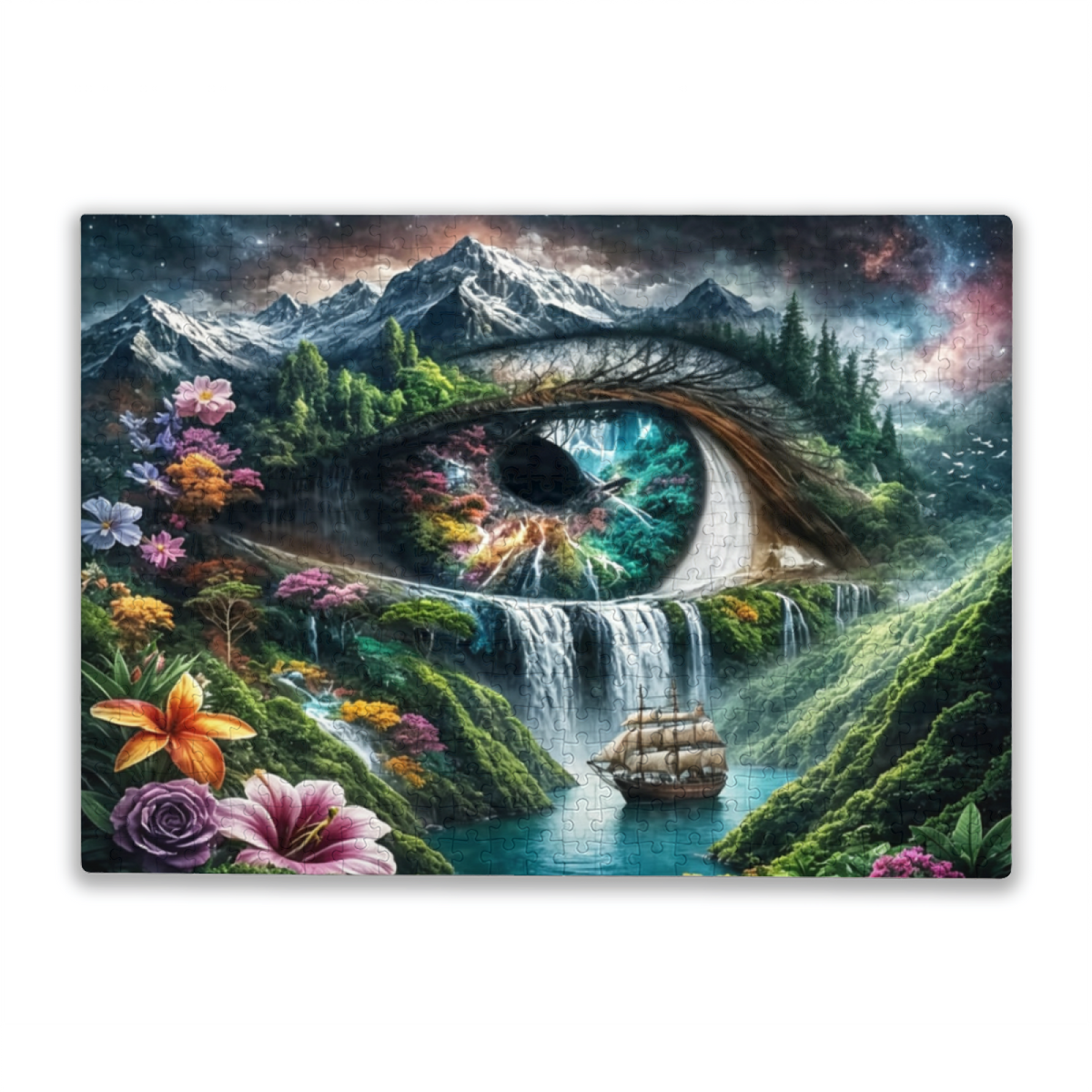 Surreal Fantasy Eye Waterfall Mountain Sailboat Dream Art Puzzle | 300/500/1000 Pieces
