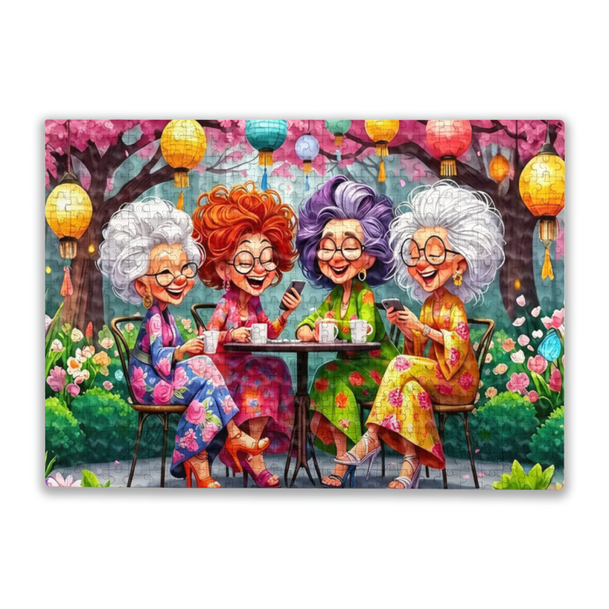 Four Cheerful Grandma Besties Garden Tea Party Lantern Puzzle | 300/500/1000 Pieces