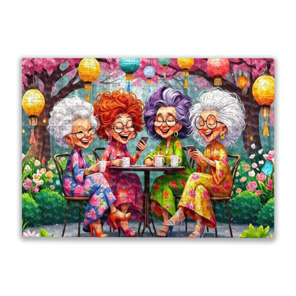 Four Cheerful Grandma Besties Garden Tea Party Lantern Puzzle | 300/500/1000 Pieces